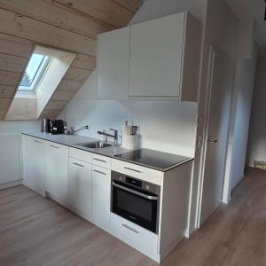 a white kitchen with a sink and a stove at Einzigartige Schlafkojen in Herisau