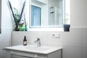 a white bathroom with a sink and a mirror at Ferienwohnung Bela in Wangen im Allgäu +27 photos