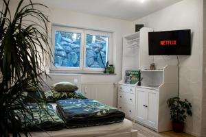 a room with a bed and a television in it at Ferienwohnung Bela in Wangen im Allgäu