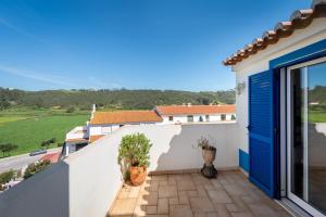 a balcony with a blue door and potted plants at Casa de Baixo in Odeceixe