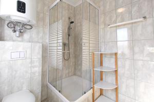 a shower with a glass door in a bathroom at Ferienwohnung Sonnenblick in Loddin +19 photos