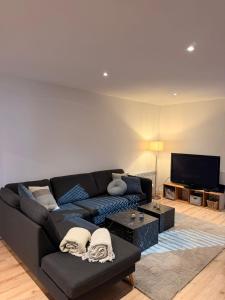 a living room with a black couch and a flat screen tv at Harlehaus Nina in Friedrichsschleuse