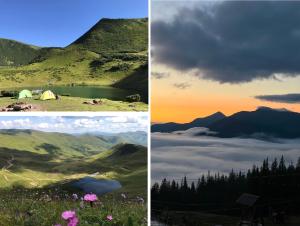 three pictures of a mountain with a tent and a lake at Alpin Eco Chalet & Wellness in Dragobrat