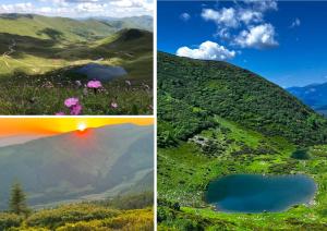 three different views of a mountain with a lake at Alpin Eco Chalet & Wellness in Dragobrat