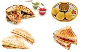 a collage of different types of sandwiches and dips at Pradhan Hotel Mirik Lake Side in Mirik