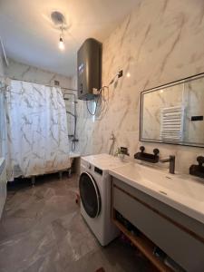 a bathroom with a sink and a washing machine at Taldy-Suu Guesthouse in Taldysu