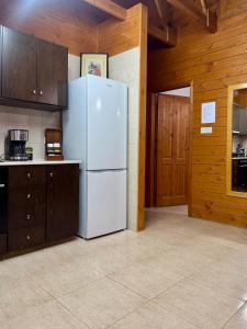 a white refrigerator in a kitchen with wooden walls at Η σπηλιά του Θουκυδίδη in Spilia +21 photos