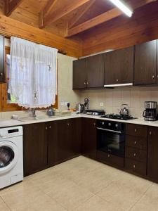 a kitchen with wooden cabinets and a washer and dryer at Η σπηλιά του Θουκυδίδη in Spilia