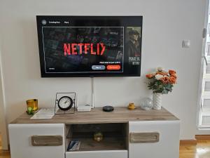 a tv on a wall with a netflix sign at Apartman Petrovic-5 min by walk to Center,Doboj City Park in Doboj