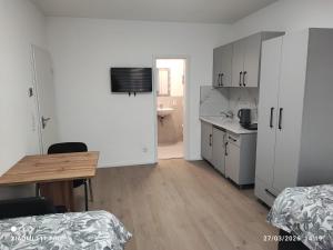 a white room with a kitchen and a table and a bed at City Apartments Göppingen in Göppingen