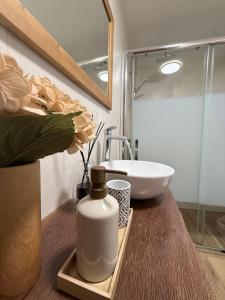 a bathroom with a sink and a bottle of soap at Casa do Serro de Lá in Santa Clara-a-Nova +16 photos