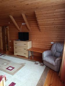a living room with a couch and a desk and a tv at Вілла Олекси in Skhidnitsa