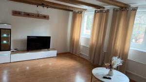 a living room with a flat screen tv and a table at Rooms4Rent in Bottmingen