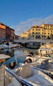 a group of boats docked in a harbor with a bridge at Aria di Mare - Tra Centro e Porto in Livorno