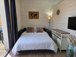 a bedroom with a bed and a table and a television at Maisonnette privative Bassin Arcachon in Le Teich