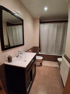 a bathroom with a sink and a toilet and a mirror at Ayalga2 in Villaviciosa