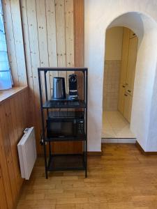 eine Mikrowelle auf einem Regal in einem Zimmer in der Unterkunft Studio Idylle in Ringgenberg
