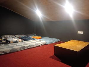 two beds in a room with lights on the ceiling at Raahi Roots in Vashisht