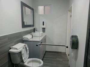 a bathroom with a toilet and a sink and a mirror at Mini suite in House or Varz hotel boutique in Tijuana