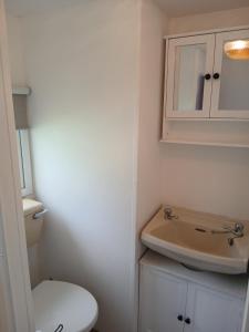 a white bathroom with a toilet and a sink at Family friendly static in Pwllheli