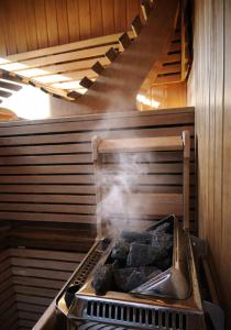 a grill with smoke coming out of it at Žolynų namai in Klaipėda