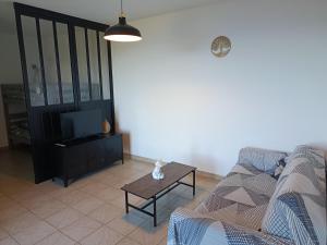 a living room with a couch and a table and a tv at A Tana di a Volpe in Alzetu