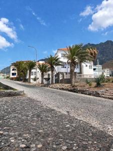 a cobblestone street with palm trees and white houses at Artimar- B&Breakfast in Ponta do Sol