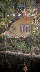 a building with a window and a tree with redbons at Glamping in Malinalco in Malinalco