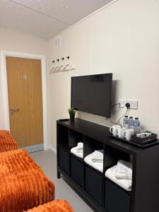 a living room with a black entertainment center with a flat screen tv at Seanie's guest house in Tullaroan