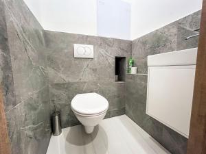 a bathroom with a white toilet in a room at Green Oasis Apartment in Myslava +5 photos