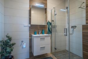 a bathroom with a sink and a shower at Apartmán Nová Dragounská in Klatovy
