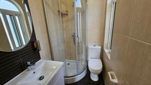 a bathroom with a shower and a toilet and a sink at GozoPride Penthouse in Qala +7 photos