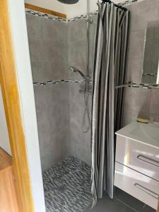 a bathroom with a shower and a sink at Tornac, La Madeleine in Tornac