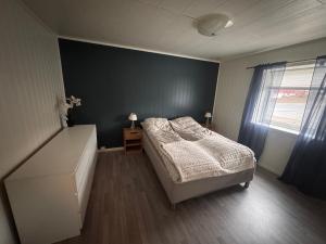 a bedroom with a bed and a blue wall at 2 beds apartment centrally located in Gravdal in Gravdal