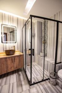 a bathroom with a shower and a sink and a toilet at Levissi boutique hotel in Gaziantep +19 photos