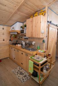 a kitchen with a sink in a wooden cabin at Il Borgo Don Camillo in Pian di Novello