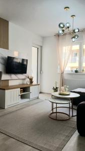 a living room with a tv and a table at Studio Arija -na par koraka od PARKA - Banja Koviljača in Banja Koviljača