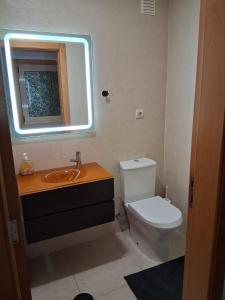 a bathroom with a toilet and a sink with a mirror at Jardim da Guarda Inglesa in Santa Clara +14 photos