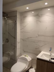 a bathroom with a shower and a toilet and a sink at Apartamento Urban Paipa in Paipa