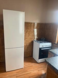 a kitchen with a stove and a white refrigerator at Sisi Guest House in Kutaisi