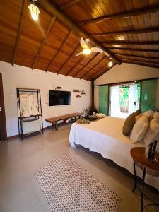 a bedroom with a large bed and a flat screen tv at Villa Sana Maritacas in Sana