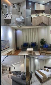 a collage of photos of a living room and a kitchen at درة رواق للشقق المخدومة - Durrat Rwaq Serviced Apartments in Riyadh