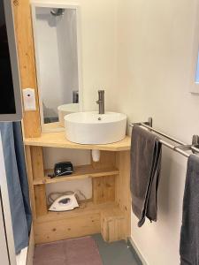 a bathroom with a sink and a mirror at Mooi Genieten Studio in Middelburg +14 photos