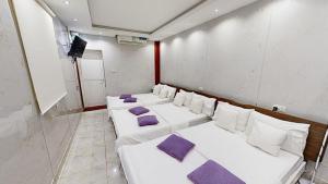 a room with three beds with purple pillows at Happiness Farm in Hatta
