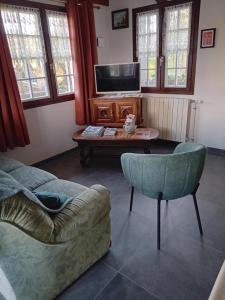 a living room with a couch and a table with a tv at Le Bel Isle in Echinghen