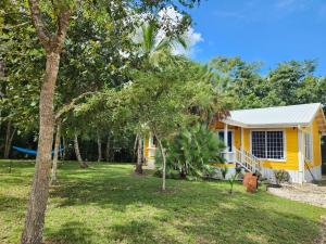 a yellow house with trees in front of it at Cozy Yellow Cottage in Spanish Lookout