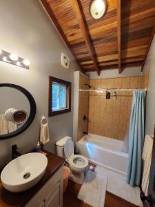 a bathroom with a sink and a toilet and a tub at Cozy Yellow Cottage in Spanish Lookout +20 photos