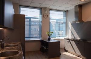 a kitchen with two sinks and two windows at Stoties Hostelis in Vilnius +6 photos