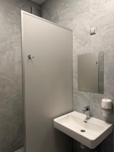 a bathroom with a white sink and a mirror at Stoties Hostelis in Vilnius