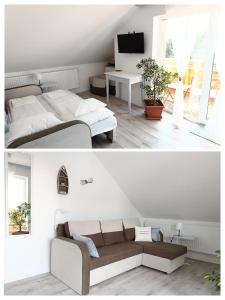 a white bedroom with a bed and a couch at Nyárfa Vendégház in Balatonmáriafürdő
